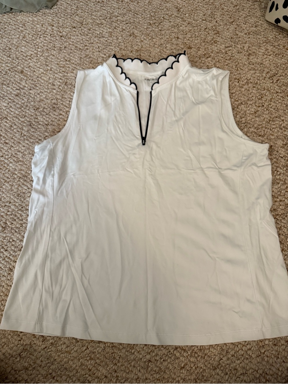 Sleeveless White Scallop Trim Top with navy Zip Detail